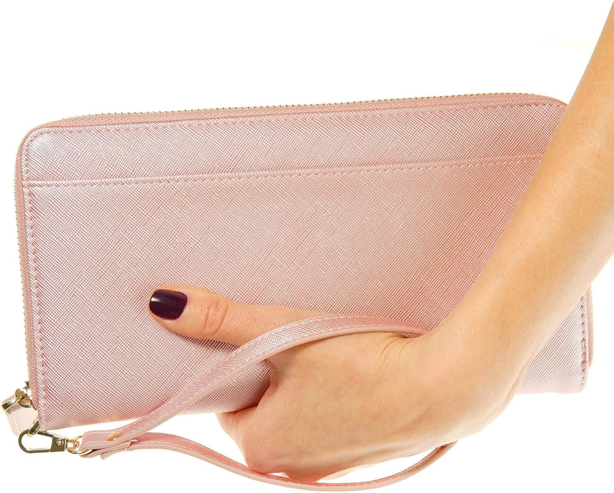 Pink faux leather wristlet wallet