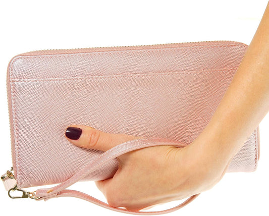 Pink faux leather wristlet wallet