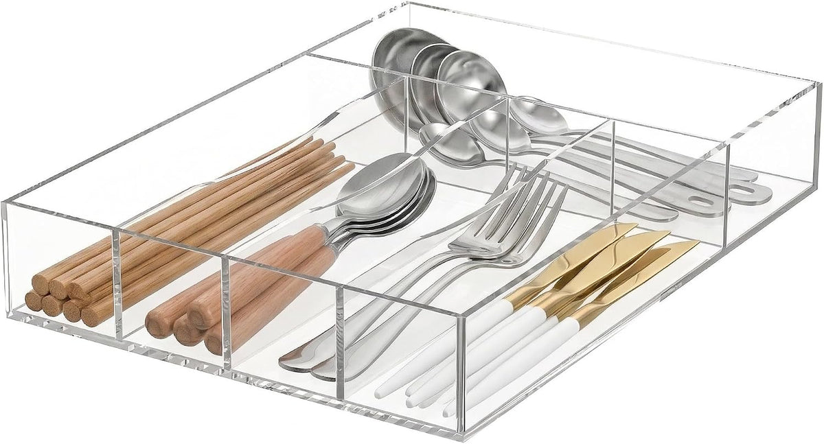 Clear cutlery drawer organizer tray